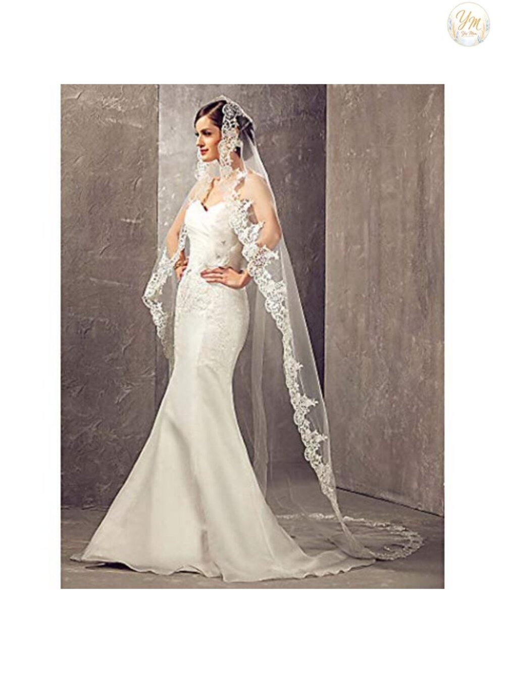 Long Lace Cathedral Wedding Veil Metal Comb Chapel Length Bridal